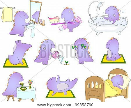 Crummy Bellied Dragon Is Sleeping, Doing Exercises, Washing His Hands, Taking Bath, Eats His Breakfa
