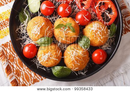 Arancini Rice Balls With Parmesan Closeup. Horizontal Top View