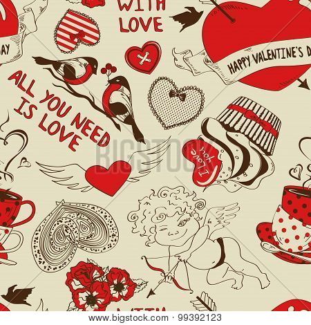 Retro Seamless Pattern With Funny Cartoon Love Elements