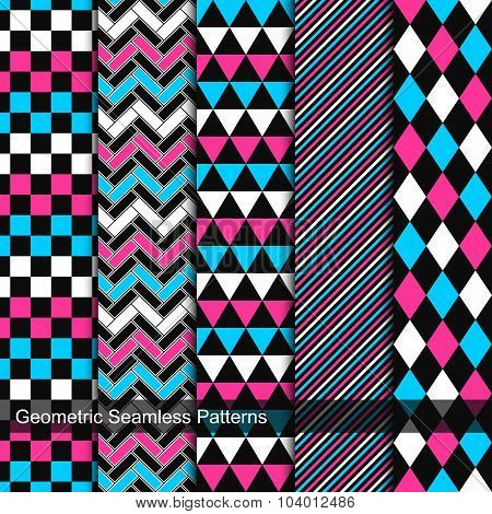 Collection of vector geometric seamless patterns.