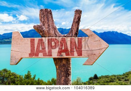 Japan wooden sign with lake background