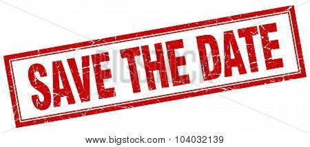 Save The Date Red Square Grunge Stamp On White
