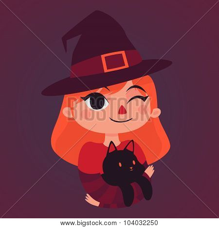 Witch Girl Holding A Black Cat