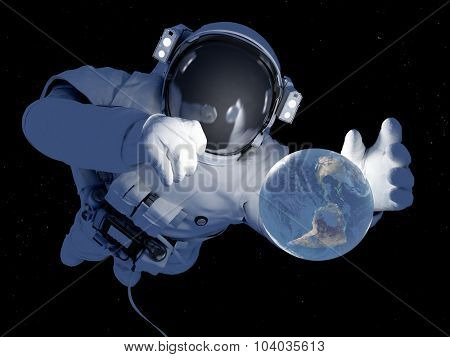 Astronaut with a planet in her hand.