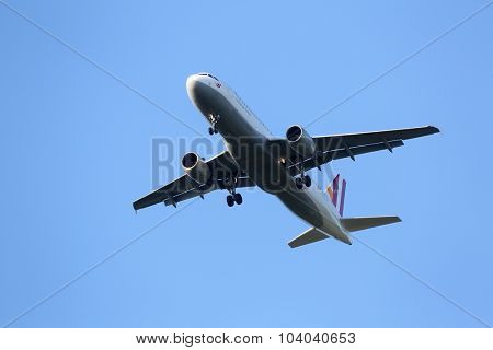 ZAGREB, CROATIA - JUNE 10: Airbus A320, registration D-AIPW of Germanwings landing on Zagreb Airport Pleso on June 10, 2015.