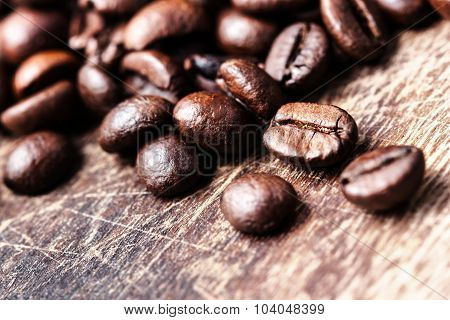 Coffee Beans On Grunge Wooden Table Top View Image, Macro