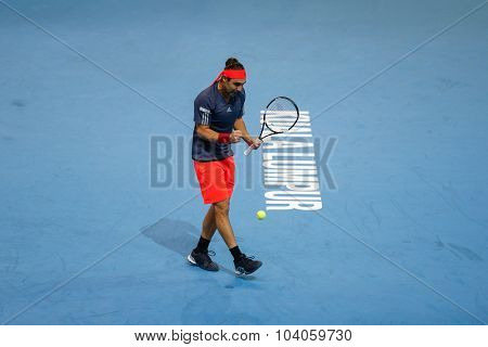 KUALA LUMPUR, MALAYSIA - OCTOBER 01, 2015: Marcos Baghdatis of Cyprus reacts after playing a winner in his match at the Malaysian Open 2015 Tennis tournament held at the Putra Stadium, Malaysia.