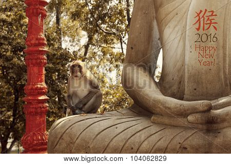 New Year 2016 Card With Special Toned Photo Of Monkey Sitting On Statue Of Buddha In Park With Chine