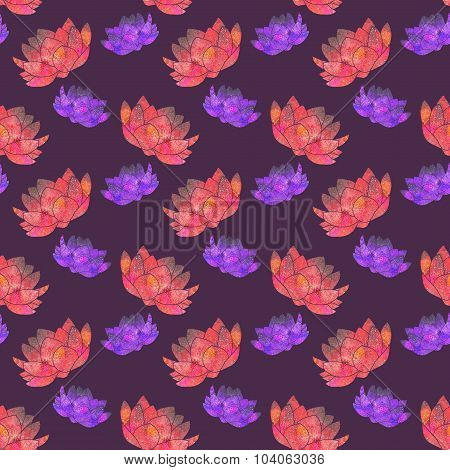 Red and pink lotus. Seamless pattern with cosmic or galaxy flowers. Hand-drawn original floral background. Real watercolor drawing.