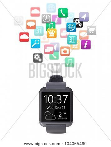 modern smart watch with cloud of apps isolated on white background