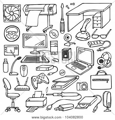Hand drawn doodle computer set