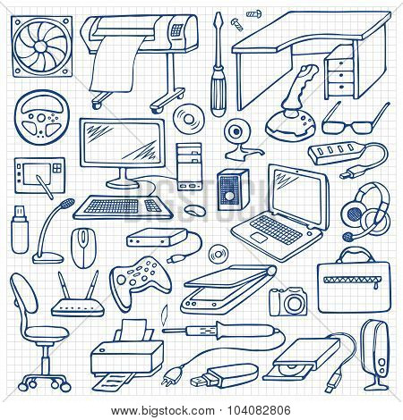 Hand drawn doodle computer set