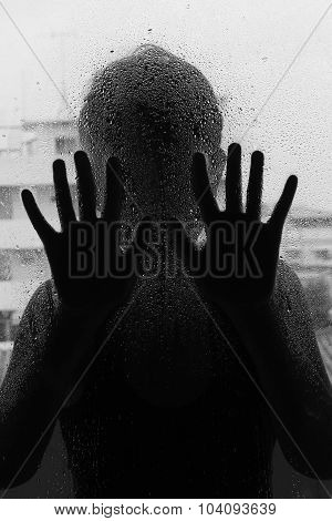 Horror Woman Behind The Matte Glass ,style  Black And White, Blurry Hand And Body , Soft Focus