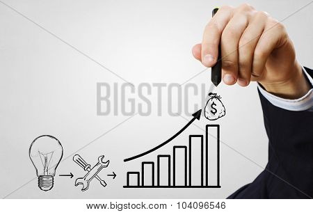 Close up of businessman drawing money making formula