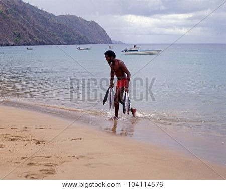 Fisherman carrying fish from sea.