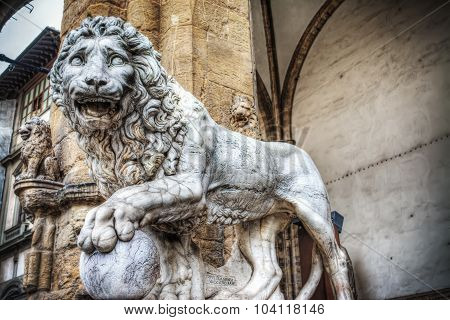 Front View Of A Lion In Loggia Dei Lanzi In Florence