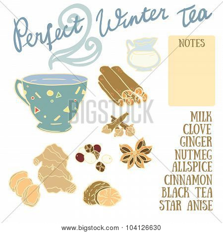 Perfect Winter Tea Recipe with cinnamon, clove, ginger, milk, allspice, nutmeg and anise.