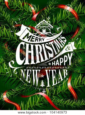 Christmas Greeting Card With Pine Branches And Ribbon
