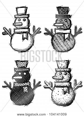 Hand Drawn Snowman With Hat And Scarf
