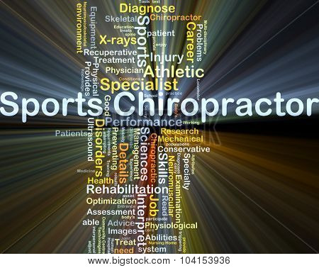 Background concept wordcloud illustration of sports chiropractor glowing light