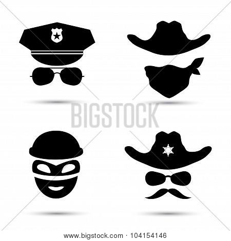 Set of black vector icons. Policeman icon. Thief icon. Sheriff icon. Cowboy icon