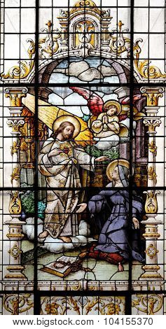 ZAGREB, CROATIA - MAY 28: Jesus and Saint Margaret Mary Alacoque, stained glass window in the Basilica of the Sacred Heart of Jesus in Zagreb, Croatia on May 28, 2015
