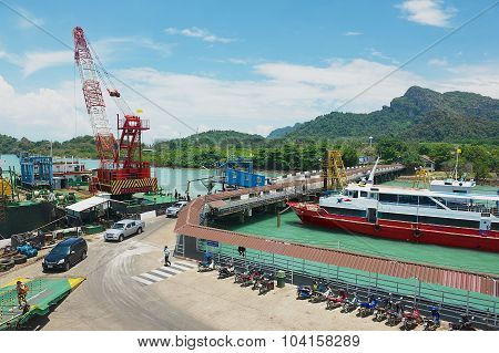 View to the ferry port in Donsak, in Surat Thani province, Thailand.