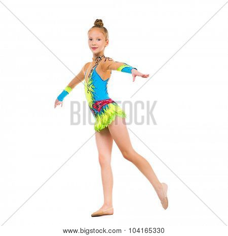 tittle gymnast doing stretching exercise isolated on white background