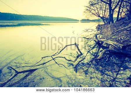 Vintage Photo Of Beautiful Sunset Over Calm Lake