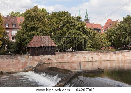 The dam on the river Pegnitz. Nuremberg. Germany.