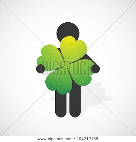 Black Silhouette Of A Man Holds The Four-leaf Clover