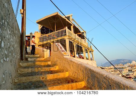 SANTORINI, GREECE - AUGUST 07, 2015: cafe on Santorini island. Santorini, classically Thera, and officially Thira, is an island in the southern Aegean Sea