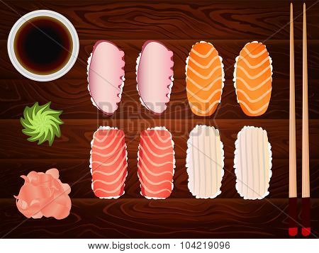 Sashimi Set Soy Sause Ginger Chopsticks Wood 9