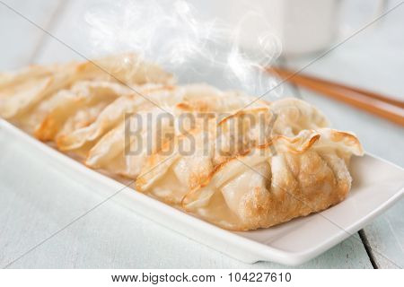 Fresh pan fried dumplings on plate with hot steams. Asian meal on rustic vintage wooden background.