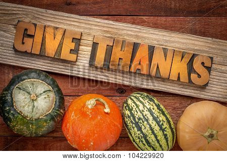 give thanks - Thanksgiving concept - word abstract in letterpress wood type over a grained cedar plank against rustic barn wood with winter squash
