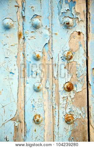 Dirty Stripped Paint In The Blue Wood Door   Rusty Nail