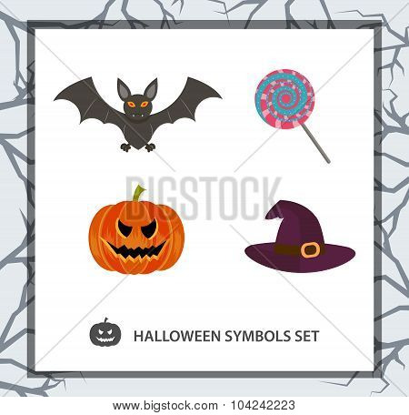 Halloween symbols set: bat, pumpkin, candy, witch hat.
