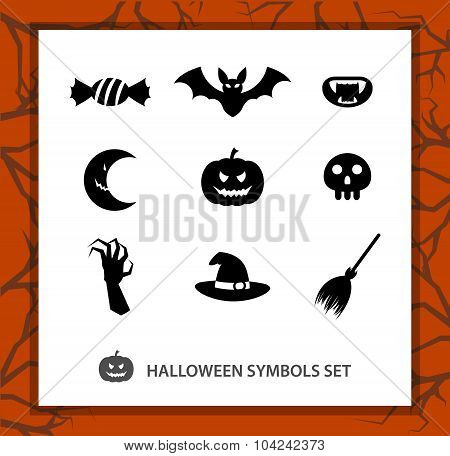 Halloween symbols set: 9 monochrome silhouettes symbolizing Beggars Night.