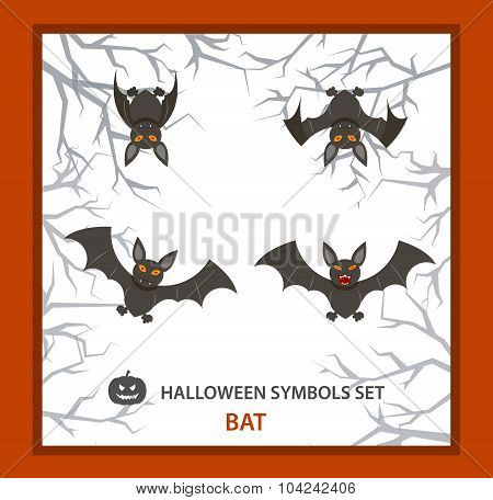 Halloween symbols set: 4 bat, phases of flight, flat.