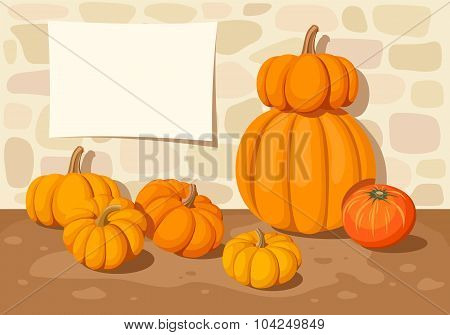 Background with orange pumpkins and a stone wall. Vector illustration.