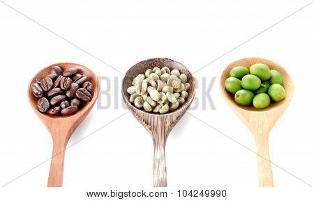 Fresh Coffee,roasted Coffee,wooden Spoon On White Background.