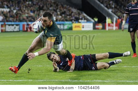 LONDON, ENGLAND - OCTOBER 07 2015: The 2015 Rugby World Cup Pool B match between South Africa and USA at The Olympic Stadium on October 7, 2015 in London, United Kingdom 