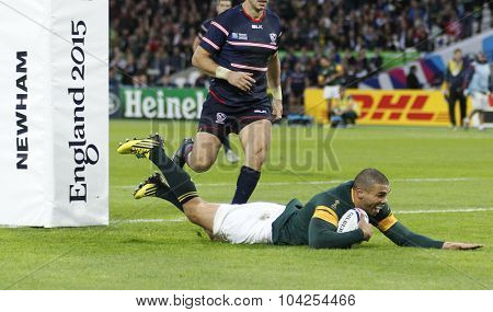 LONDON, ENGLAND - OCTOBER 07 2015: The 2015 Rugby World Cup Pool B match between South Africa and USA at The Olympic Stadium on October 7, 2015 in London, United Kingdom 