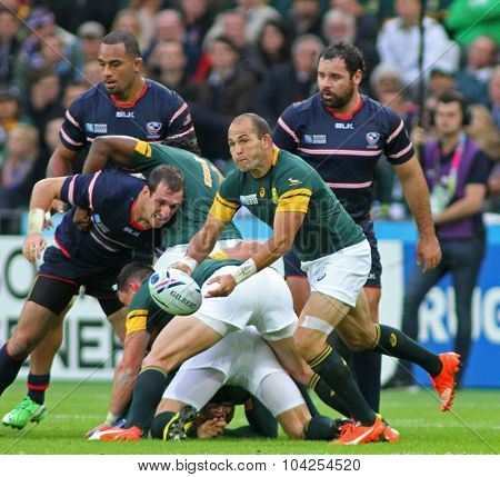 LONDON, ENGLAND - OCTOBER 07 2015: The 2015 Rugby World Cup Pool B match between South Africa and USA at The Olympic Stadium on October 7, 2015 in London, United Kingdom 