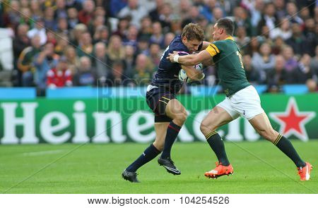 LONDON, ENGLAND - OCTOBER 07 2015: The 2015 Rugby World Cup Pool B match between South Africa and USA at The Olympic Stadium on October 7, 2015 in London, United Kingdom 