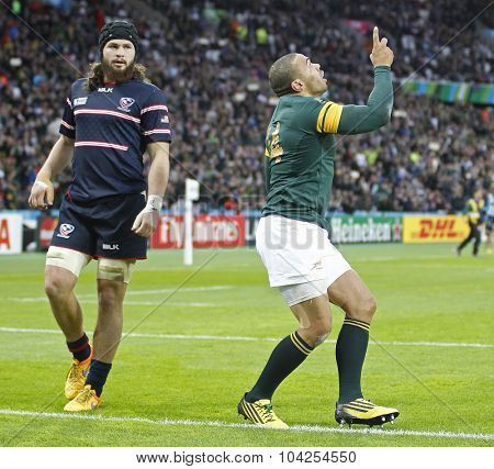 LONDON, ENGLAND - OCTOBER 07 2015: The 2015 Rugby World Cup Pool B match between South Africa and USA at The Olympic Stadium on October 7, 2015 in London, United Kingdom 