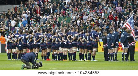 LONDON, ENGLAND - OCTOBER 07 2015: The 2015 Rugby World Cup Pool B match between South Africa and USA at The Olympic Stadium on October 7, 2015 in London, United Kingdom 