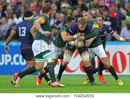 LONDON, ENGLAND - OCTOBER 07 2015: The 2015 Rugby World Cup Pool B match between South Africa and USA at The Olympic Stadium on October 7, 2015 in London, United Kingdom 
