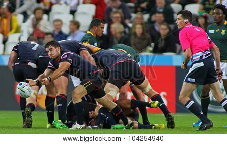 LONDON, ENGLAND - OCTOBER 07 2015: The 2015 Rugby World Cup Pool B match between South Africa and USA at The Olympic Stadium on October 7, 2015 in London, United Kingdom 