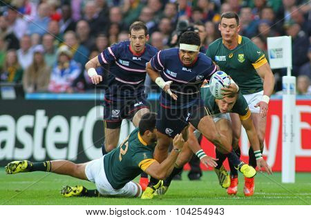 LONDON, ENGLAND - OCTOBER 07 2015: The 2015 Rugby World Cup Pool B match between South Africa and USA at The Olympic Stadium on October 7, 2015 in London, United Kingdom 